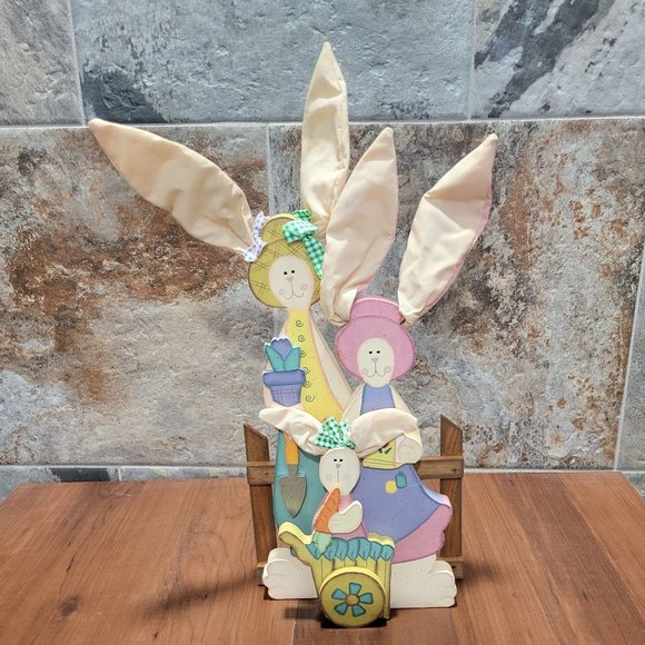 Easter Decor Wooden Three Bunny Rabbts Cloth Ears - Picture 7 of 13